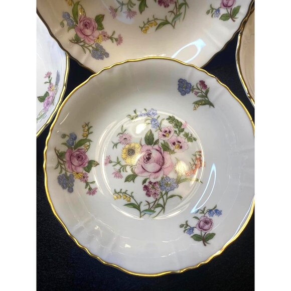 4 Berry Bowls PORTLAND Syracuse China Excellent Condition Gold Rims Floral Desig - Picture 2 of 6